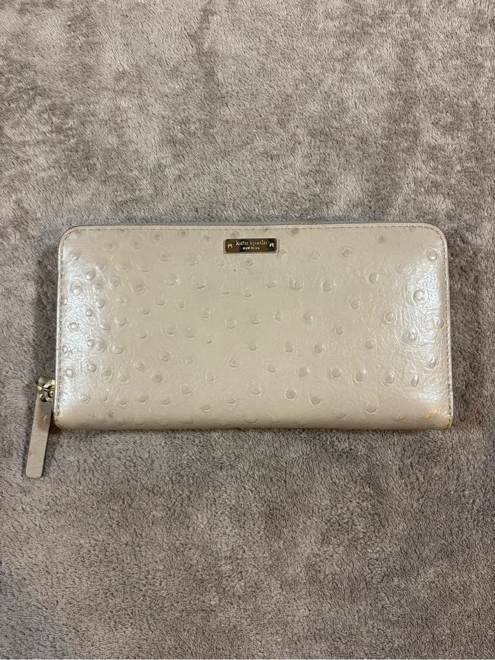 kate spade Ostrich Zip-Around Cream Embossed Wallet